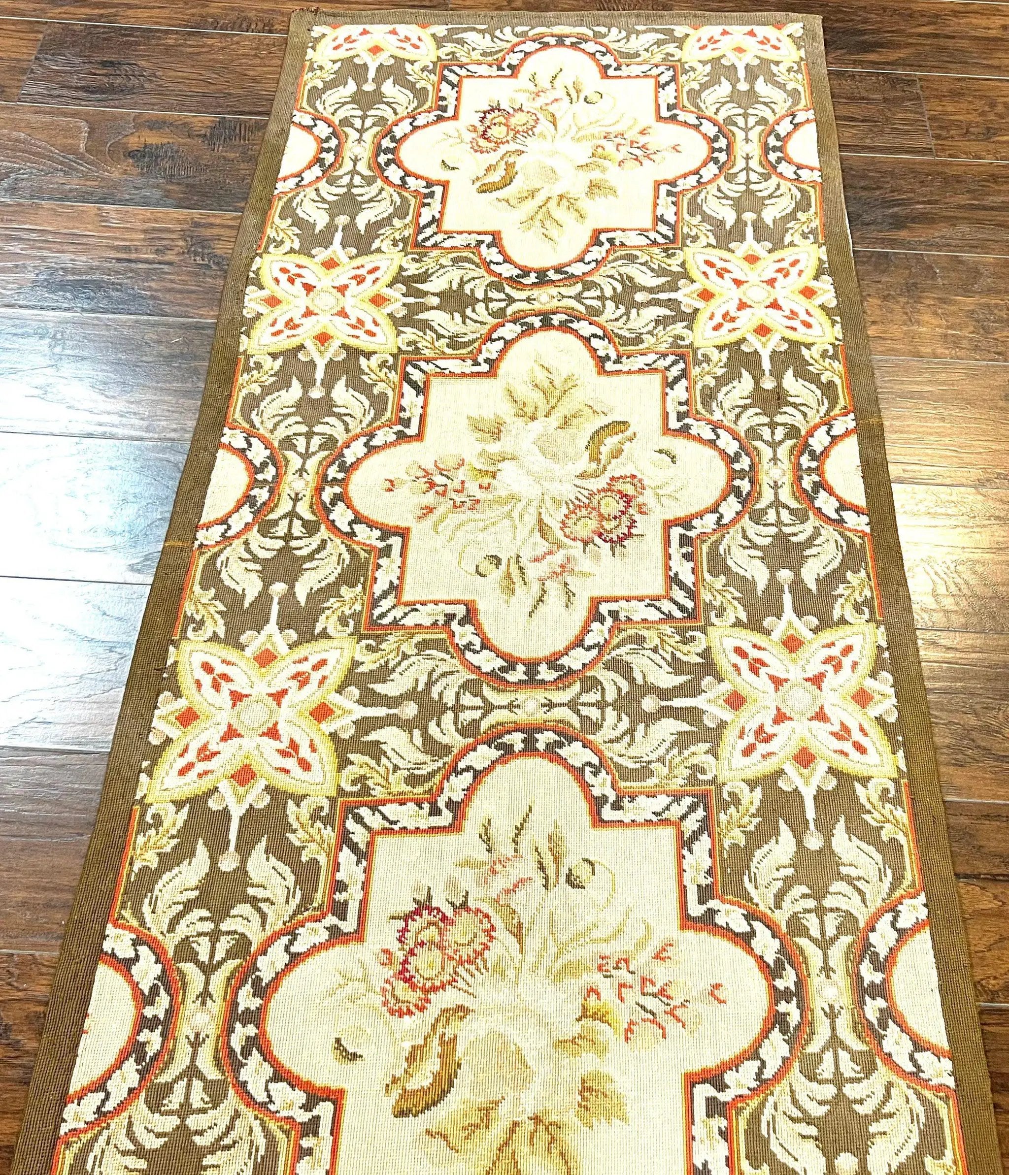 Needlepoint Runner Rug 2.8 x 9.8, Brown and Beige, Handwoven Handmade Floral French European Design, Vintage Flatweave 10ft Wool Runner Rug by Jewel Rugs