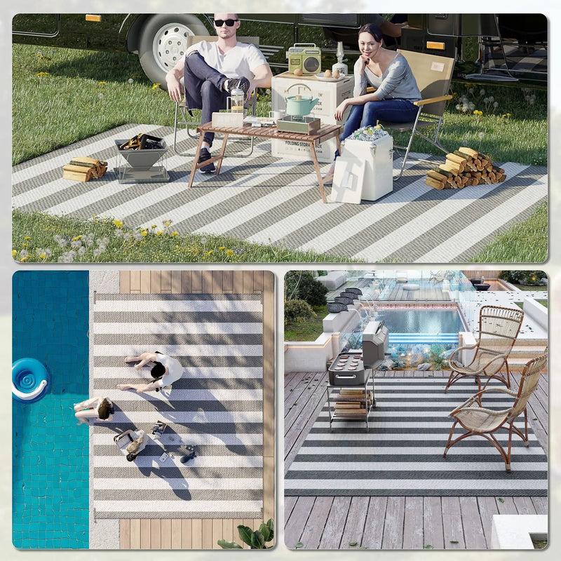 Outsunny - Reversible Outdoor Rug, 9' x 12' Waterproof Plastic Straw Floor Mat, Portable Rv Camping Carpet With Carry Bag, Large Floor Mat For Backyard, Deck, Picnic, Beach - Gray & White Striped by HouseOfZazla
