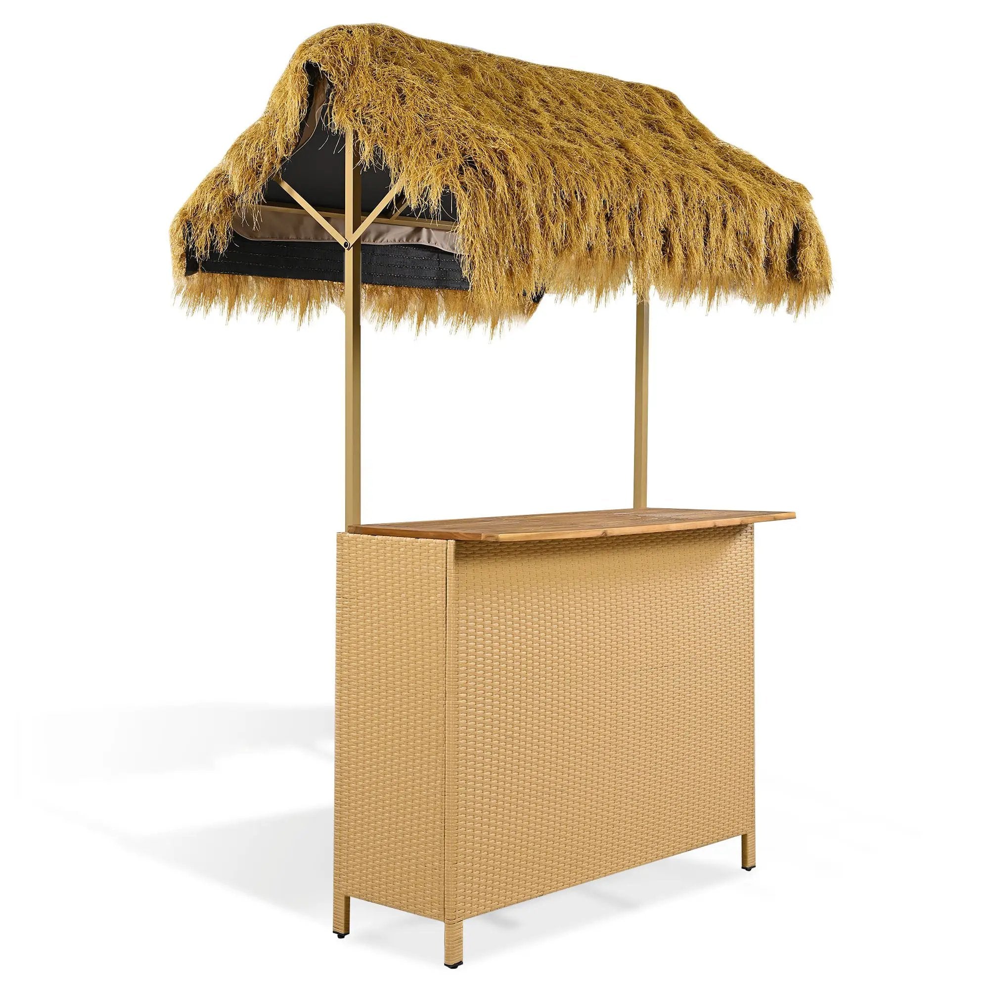 Hawaiian-Style Bar Height Patio Set With PE Grass Canopy, Outdoor Bar Table And Stools With Adjustable Feet, Acacia Wood Top, For Dining And Drinking - Natural by Unique Piece Furniture