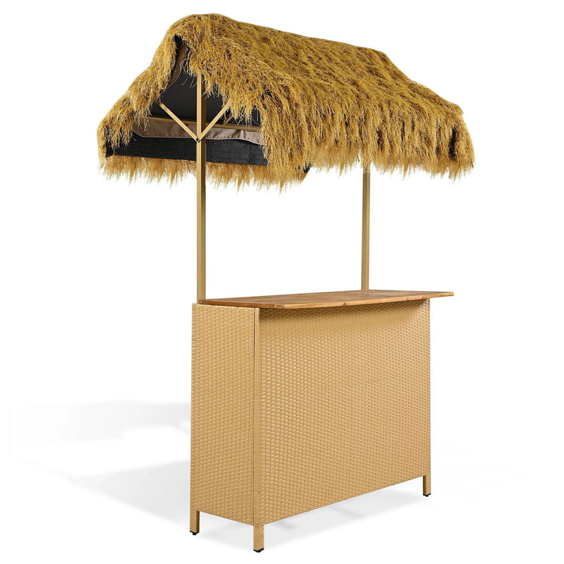 Hawaiian-Style Bar Height Patio Set With PE Grass Canopy, Outdoor Bar Table And Stools With Adjustable Feet, Acacia Wood Top, For Dining And Drinking - Natural by Unique Piece Furniture