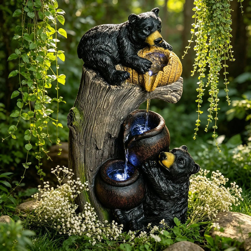 Bear Tree Stump Outdoor Water Fountain With LED Lights - Brown Gray by Unique Piece Furniture