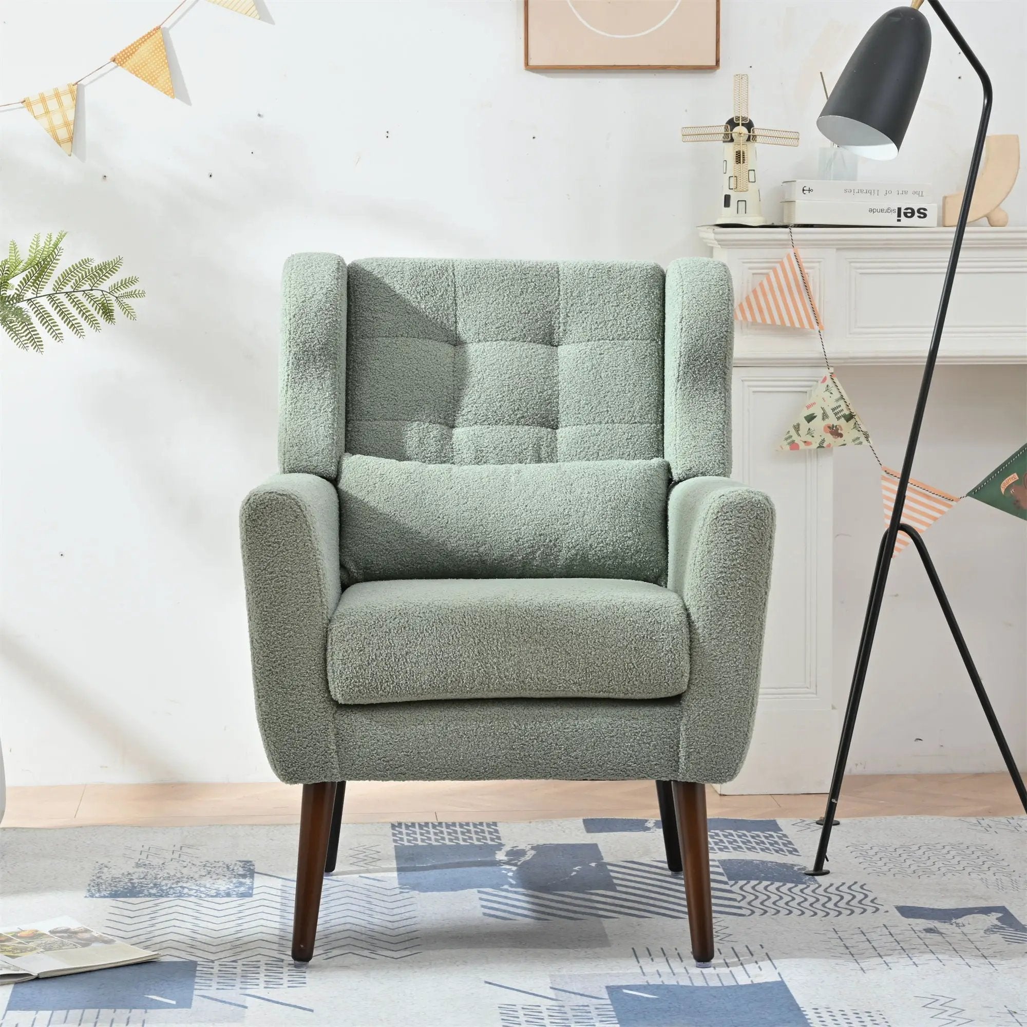Modern Accent Chair, Teddy Fabric Living Room Chairs Comfy Reading Chair, Mid Century Accent Chair, Lounge Arm Chairs Armchair For Living Room Bedroom - Light Green by HouseOfZazla