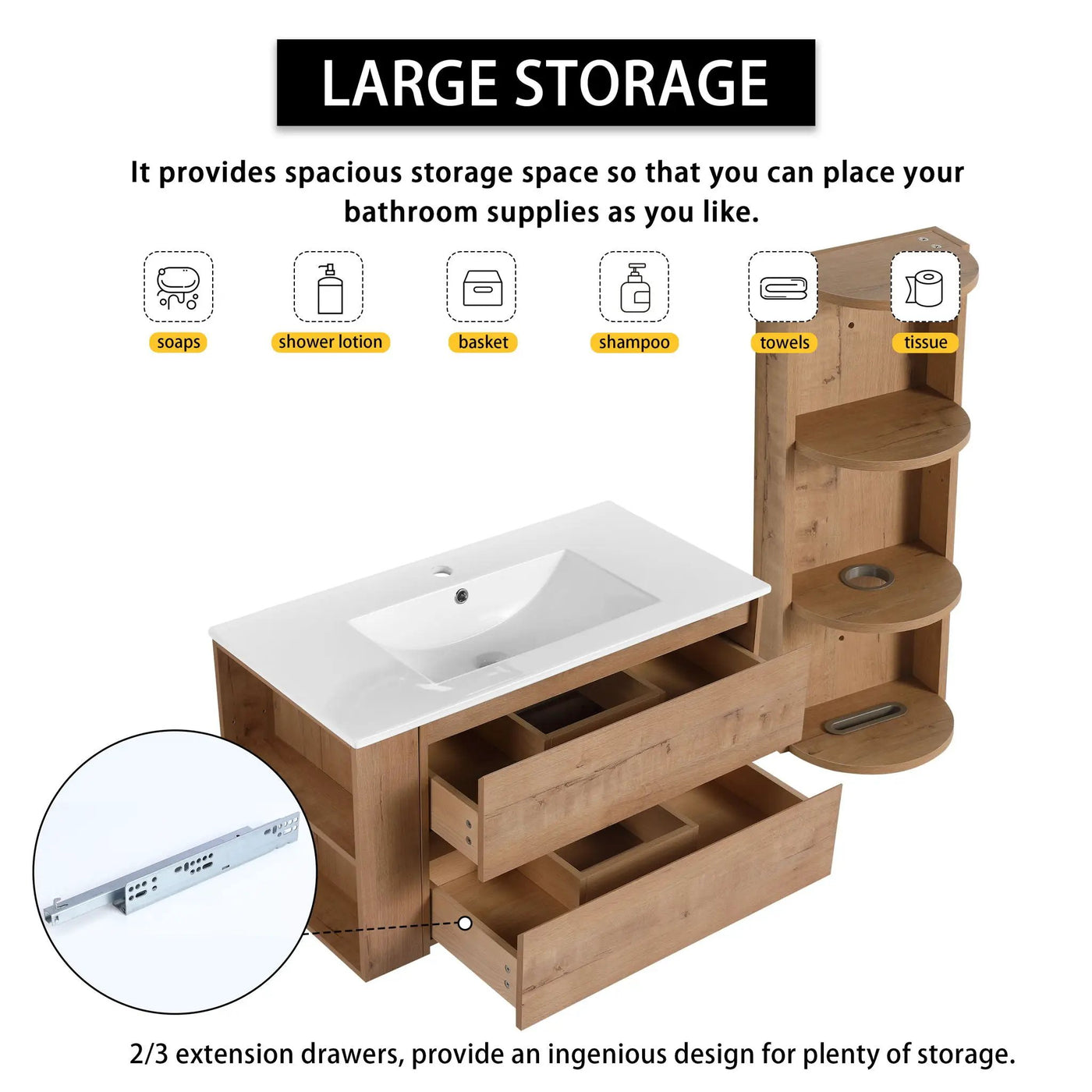 Modern Wall Mounted Bathroom Vanity With Ceramic Sink And Storage Rack, 2 Soft Close Drawers by Unique Piece Furniture