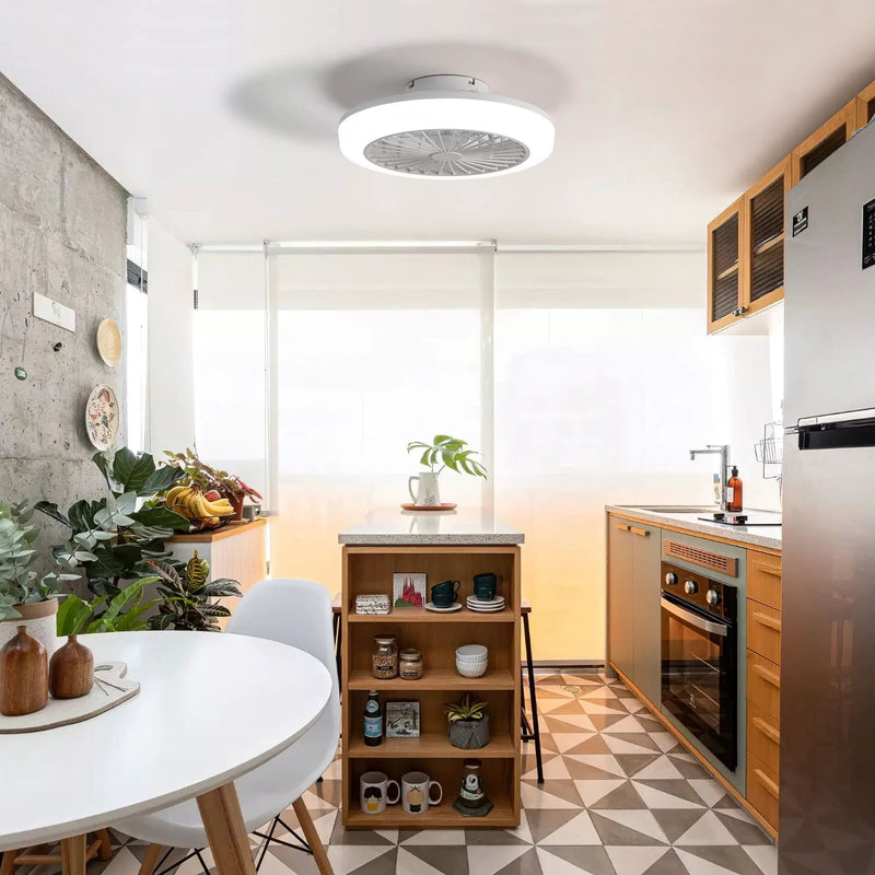 Enclosed Ceiling Fan With Light And Remote, Flush Mount Bladeless Low Profile - White by Unique Piece Furniture