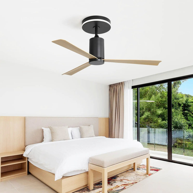 Modern Flush Mount Ceiling Fan With Led Light And Remote Control, 3 ABS Blades Noiseless Reversible Dc Motor For Patio Living Room - Matte Black by HouseOfZazla
