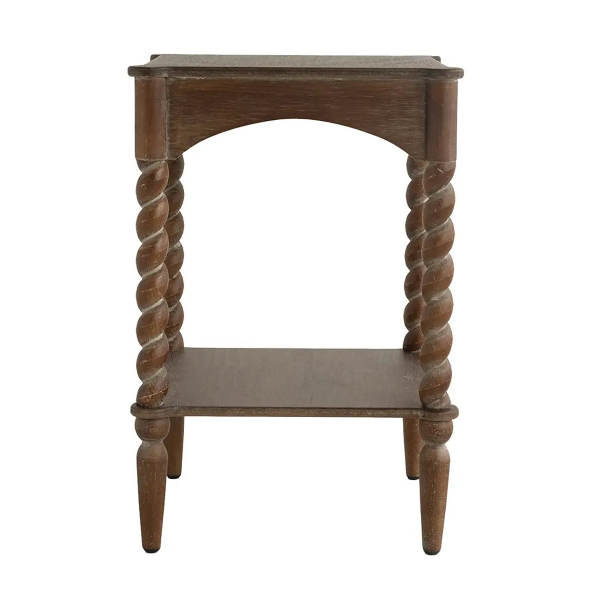 15.5x15.5x23.5' Distressed Brown Wood Side Table with Turned Spiral Legs and Lower Shelf by HouseOfZazla