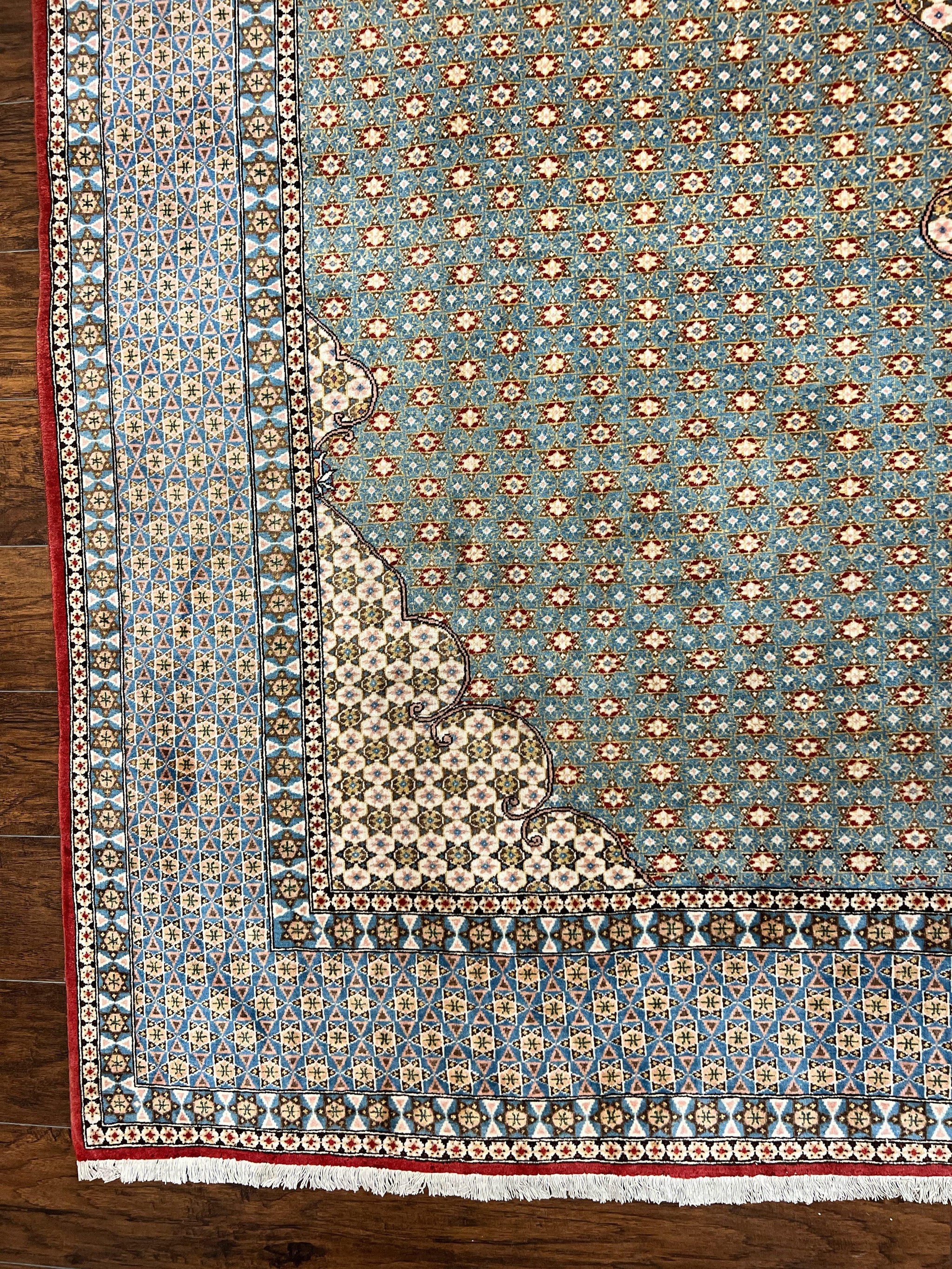 Rare Persian Rug 8x12, Qum Rug, Repeated Star Motifs, Blue and Ivory, Fine 300 KPSI, Hand Knotted Handmade Vintage Wool Rug by Jewel Rugs