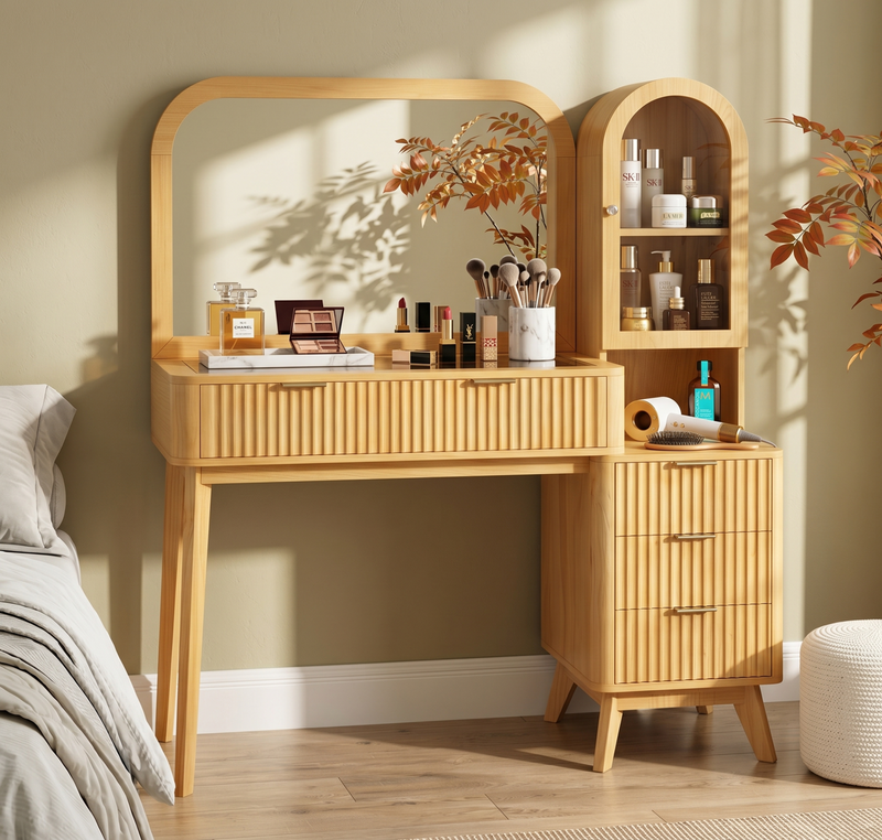 48" Fluted Makeup Vanity Desk with Large 32" Mirror by HouseOfZazla
