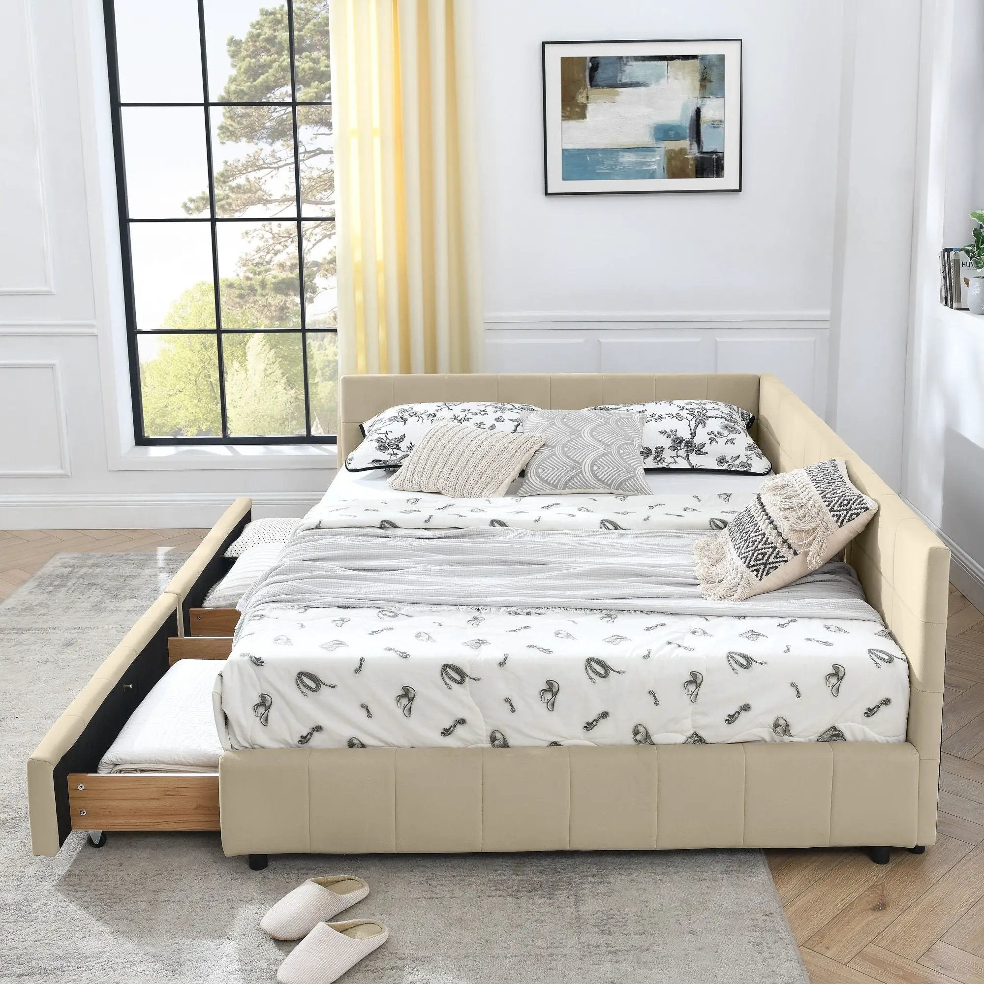 Mid-Century Storage Upholstered Tufted Bed Frame With Backrest And Armrests by Unique Piece Furniture