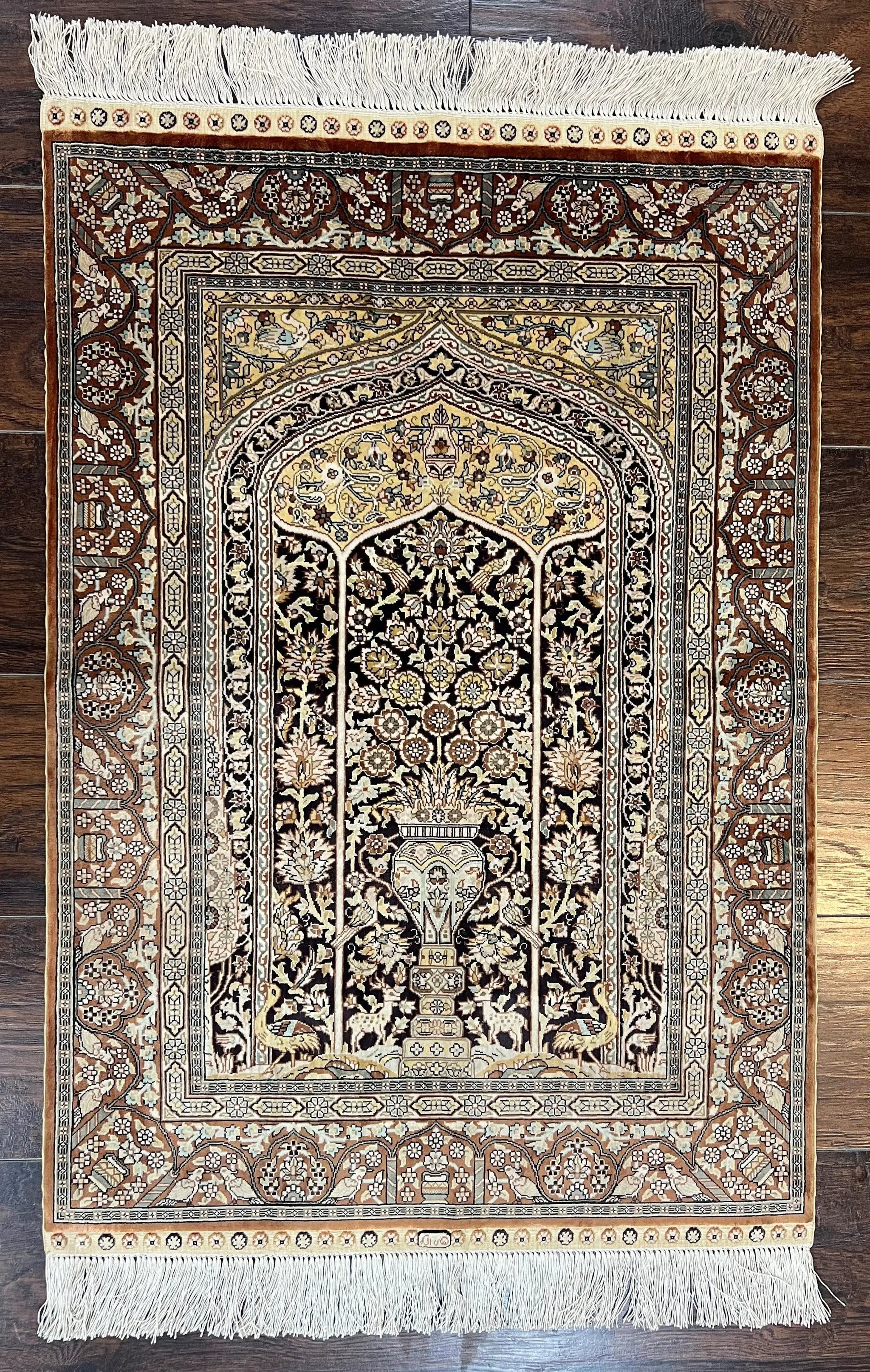 Turkish Silk Hereke Rug 2x3, Floral Vase Tree of Life Birds, Silk Pile on Silk Foundation, Vintage Oriental Carpet, Very Fine, Signature by Jewel Rugs