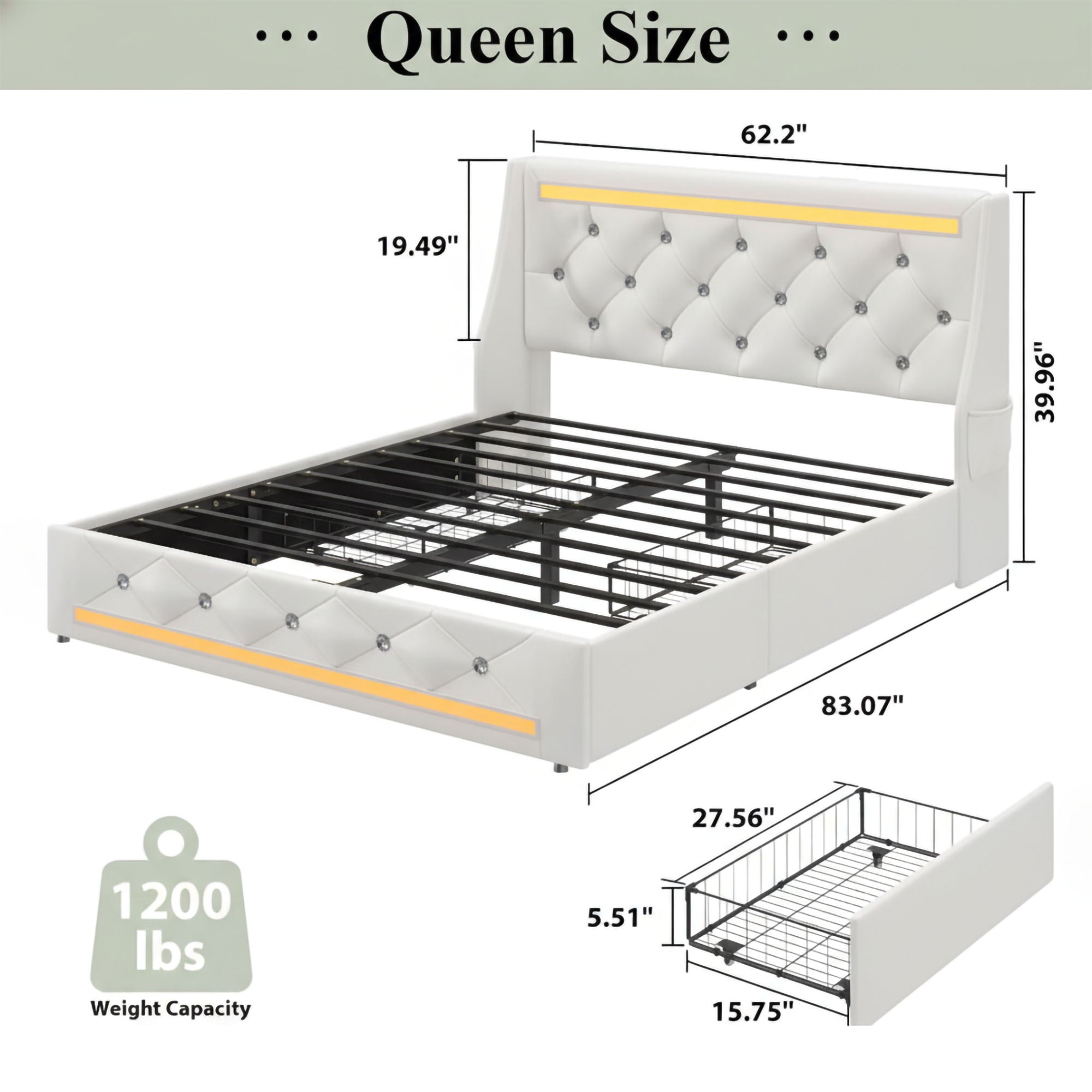 Wingback Upholstered Bed Frame With LED Lights, Charging Station by HouseOfZazla