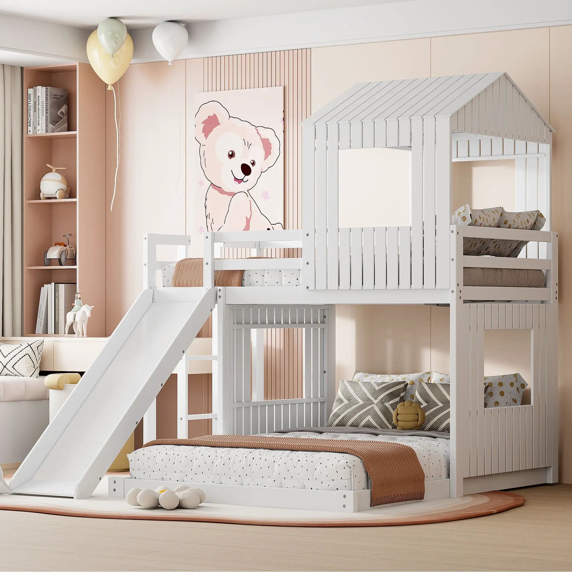 Loft Bunk Bed With Playhouse, Farmhouse, Ladder, Slide And Guardrails by HouseOfZazla