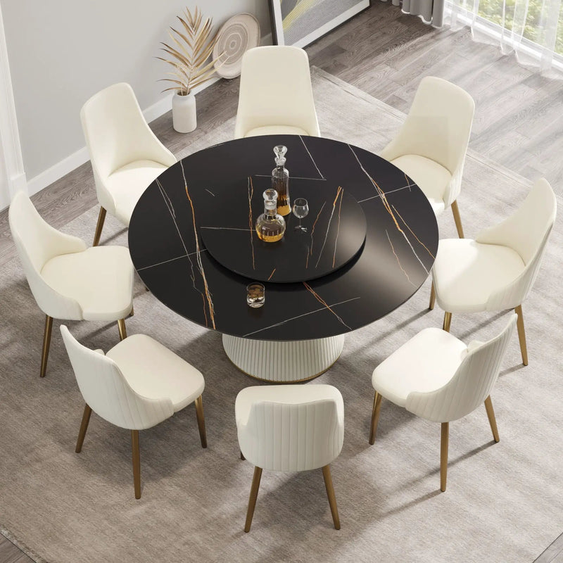 Modern Artificial Stone Round Plywood Base Dining Table, Can Accommodate 8 People Artificial Stone Turntable (Not Including Chairs) - Black / Beige by HouseOfZazla