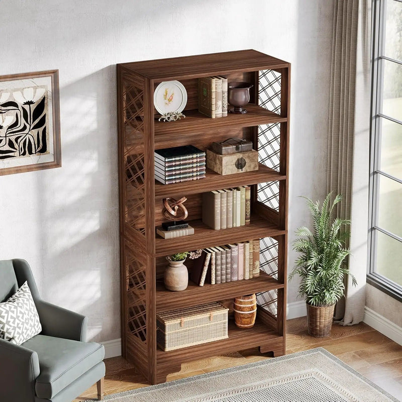 6 Tier Brown Mid Century Bookcase With X Design For Living Room - Brown by HouseOfZazla