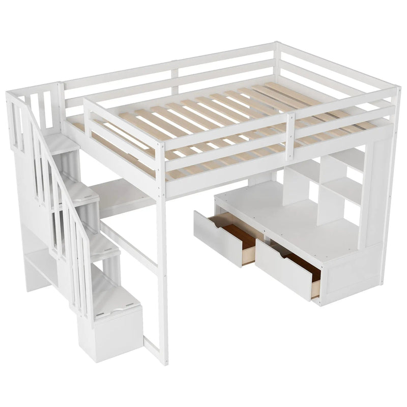 Full Size Loft Bed With Desk And Shelves, 2 Built In Drawers, Storage Staircase - White by HouseOfZazla