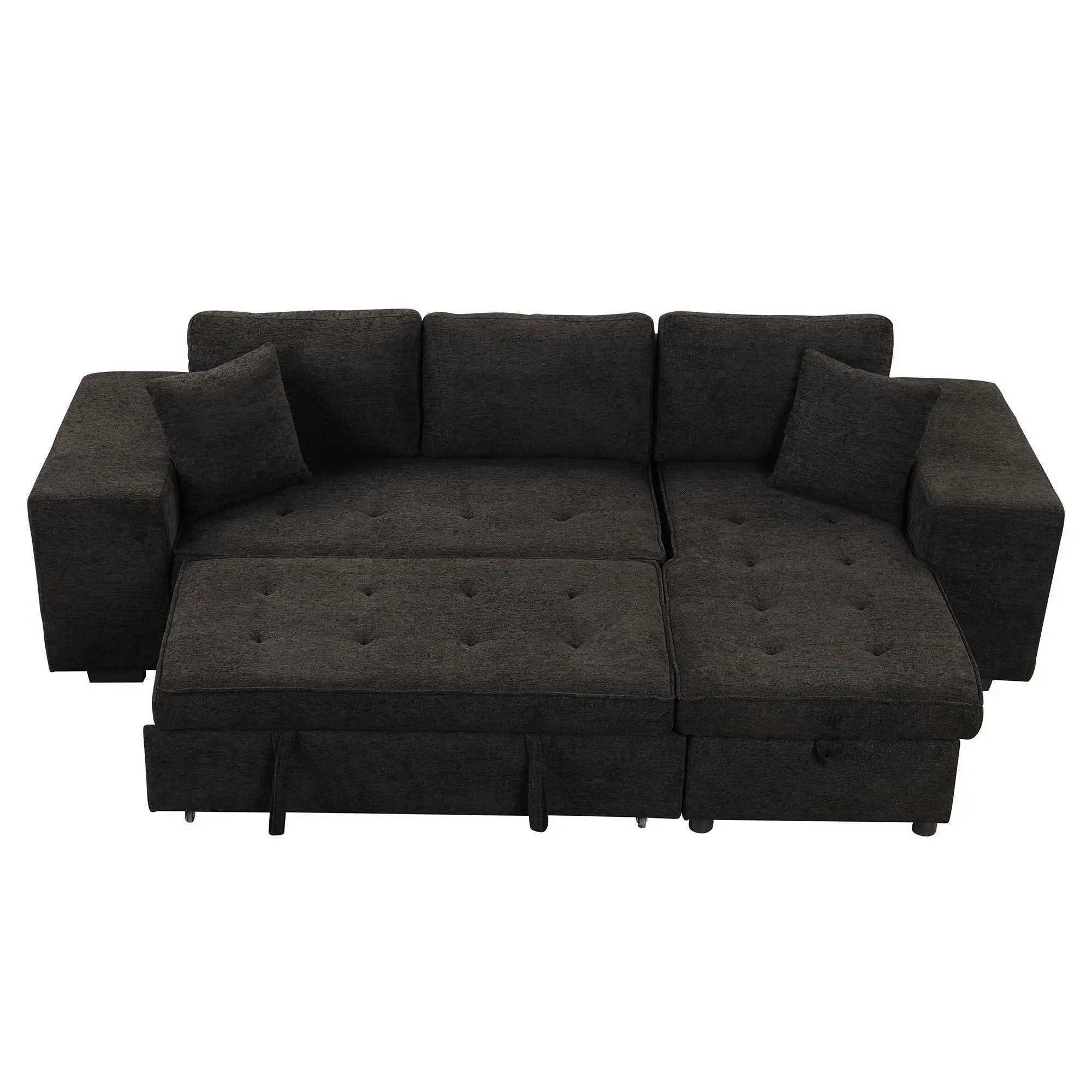 Modern L-Shape 3 Seat Reversible Sectional Couch, Pull Out Sleeper Sofa With Storage Chaise And 2 Stools For Living Room Furniture Set by HouseOfZazla