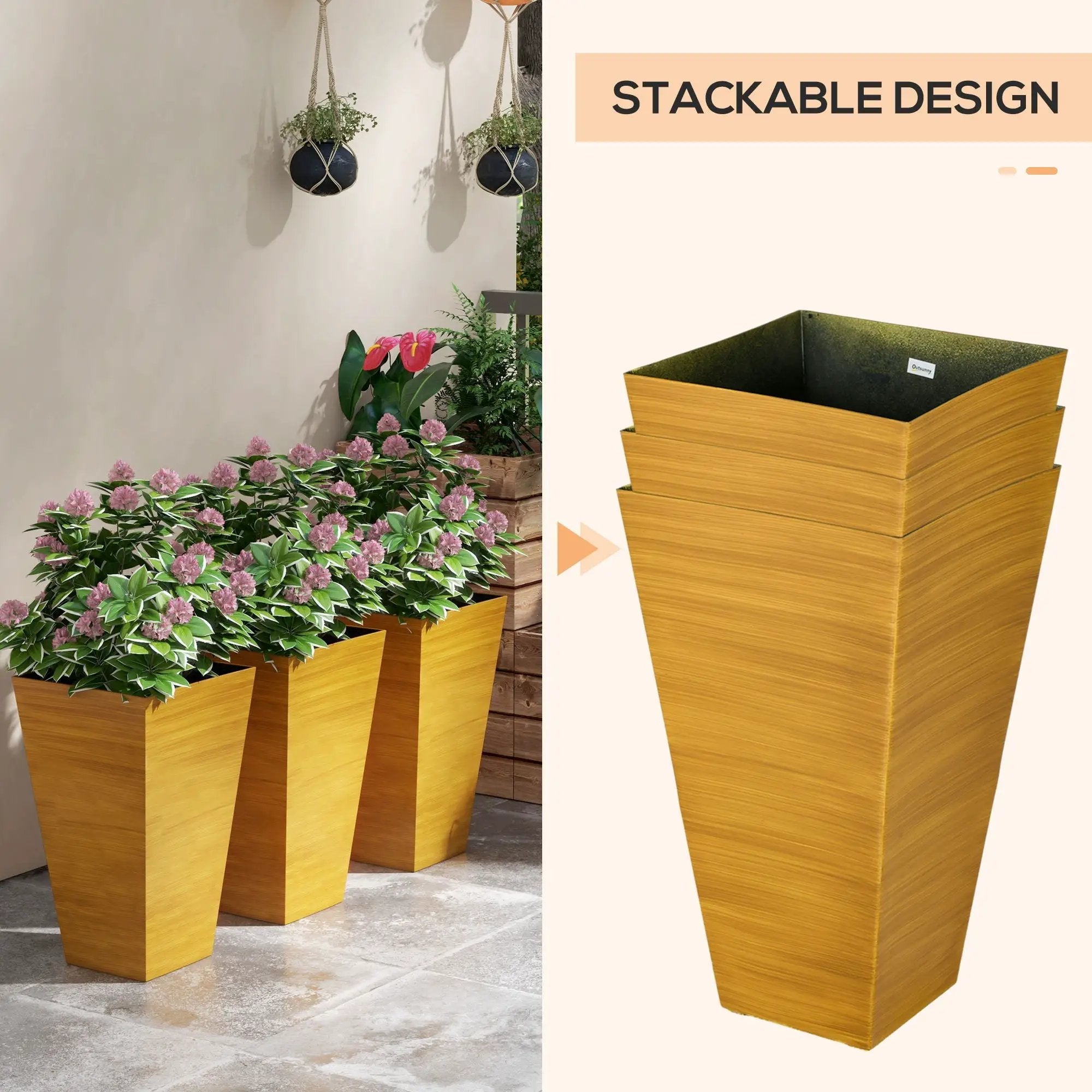 Outsunny - Outdoor Planters (Set of 3) Large Taper Planters With Drainage Holes And Plug, Faux Wood Plastic Flower Pots For Outdoor, Indoor, Garden, Patio by Unique Piece Furniture
