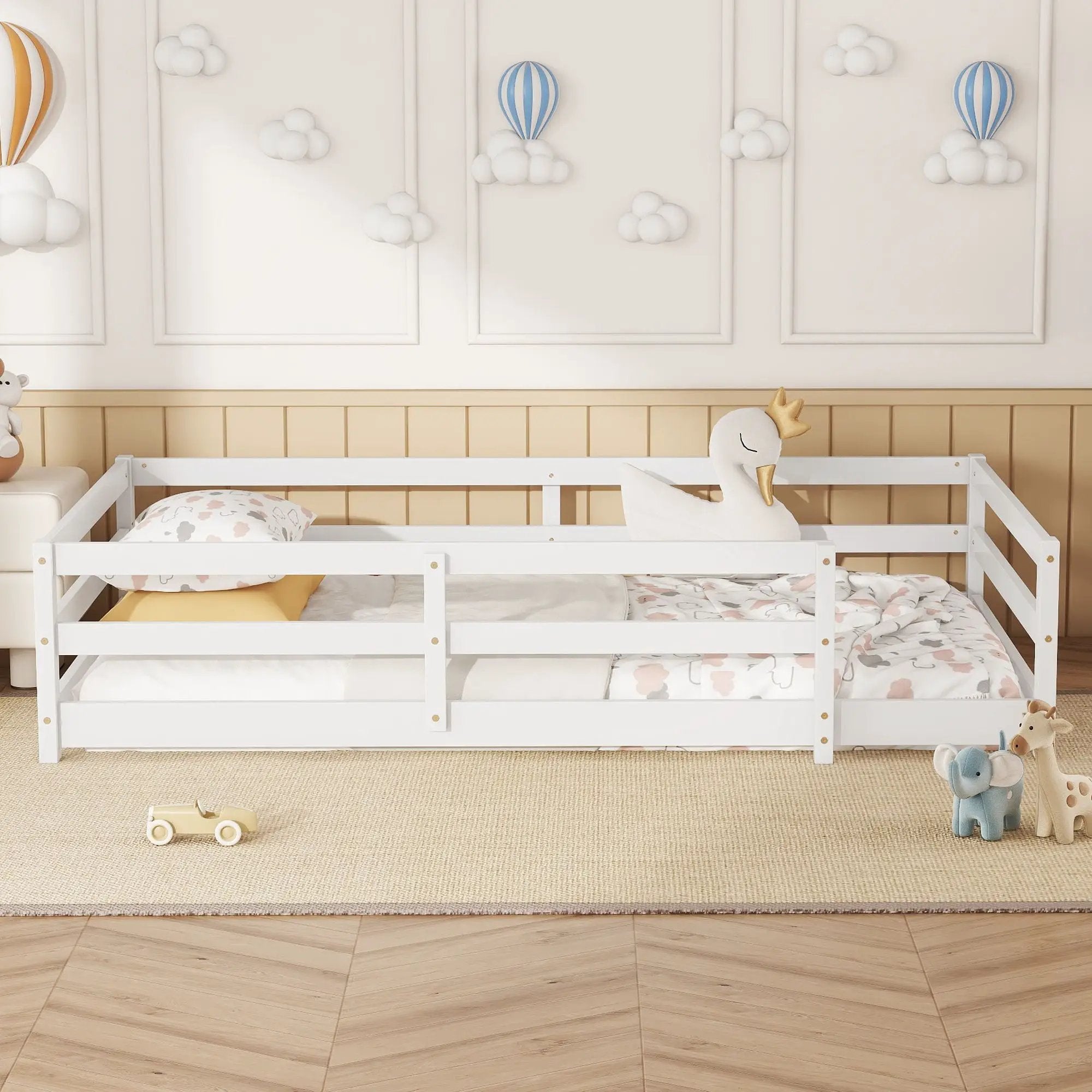 Twin Size Montessori Floor Bed With Fence - White by Unique Piece Furniture