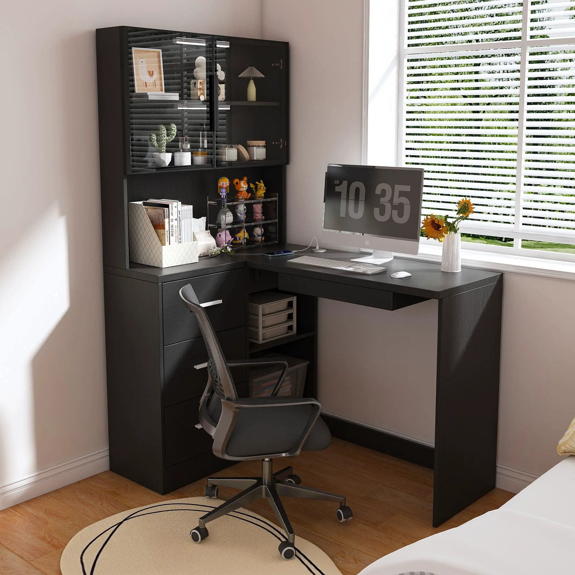 L-Shaped Computer Desk With Glass Cabinets, Built In LED Lights, USB Charging Ports by Unique Piece Furniture