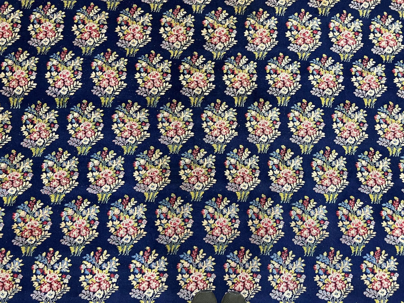 Persian Rug 9x12, Authentic Hand Knotted Carpet, Repeated Floral Motif Garden of Eden, Navy Blue Wool Rug 9 x 12, Semi Antique Kirman Rug by Jewel Rugs