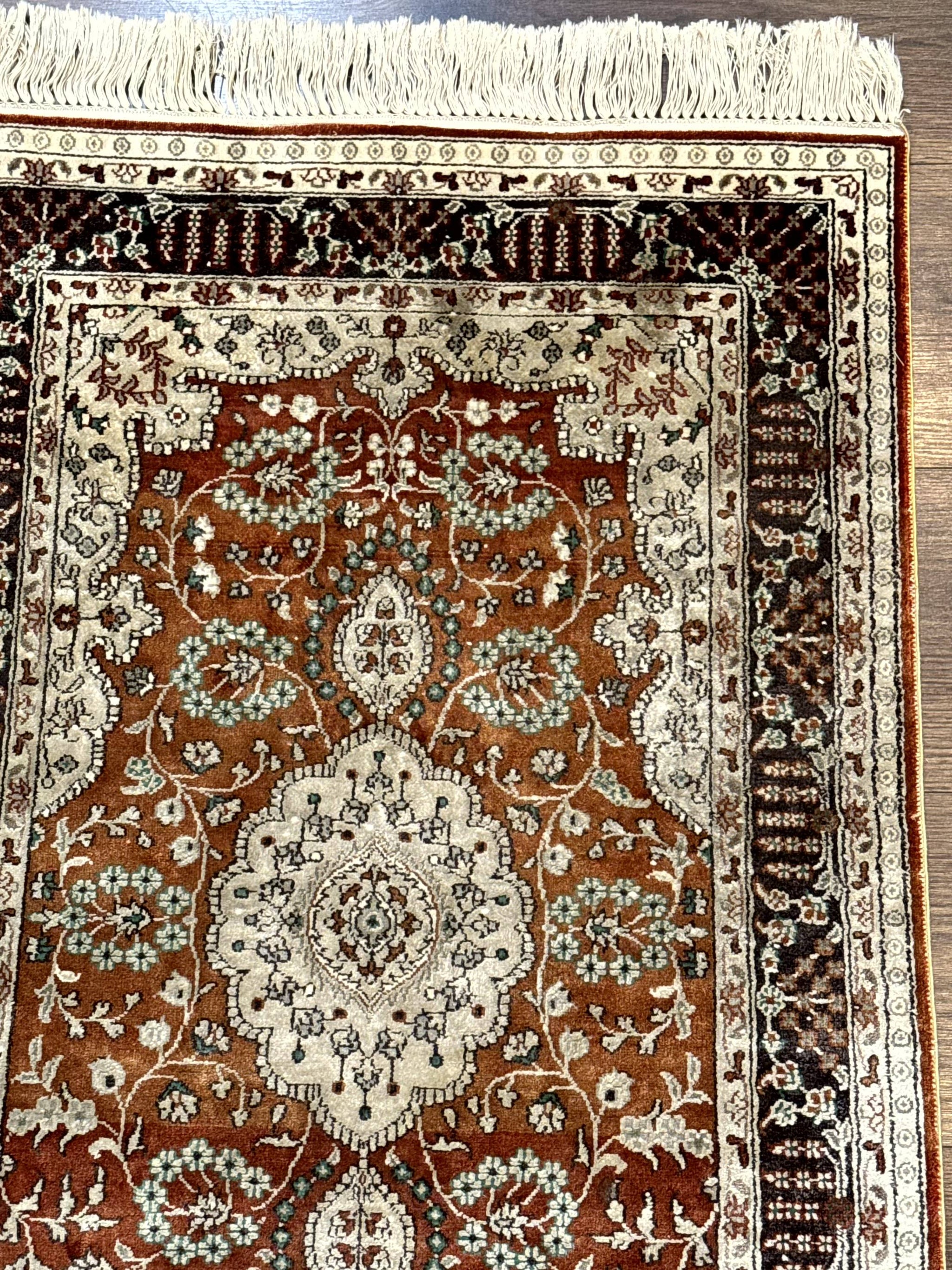 Turkish Silk Narrow Runner Rug 2 x 5.8, Very Fine 340 KPSI, Floral Medallions, Red by Jewel Rugs