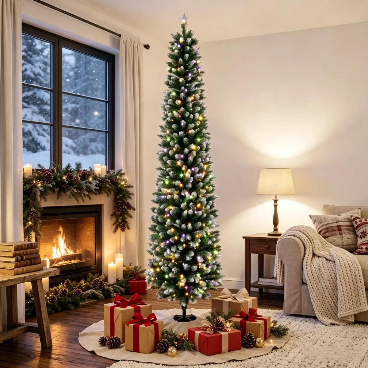 8ft Flocked Pencil Prelit Christmas Tree, Dual-Color by HouseOfZazla