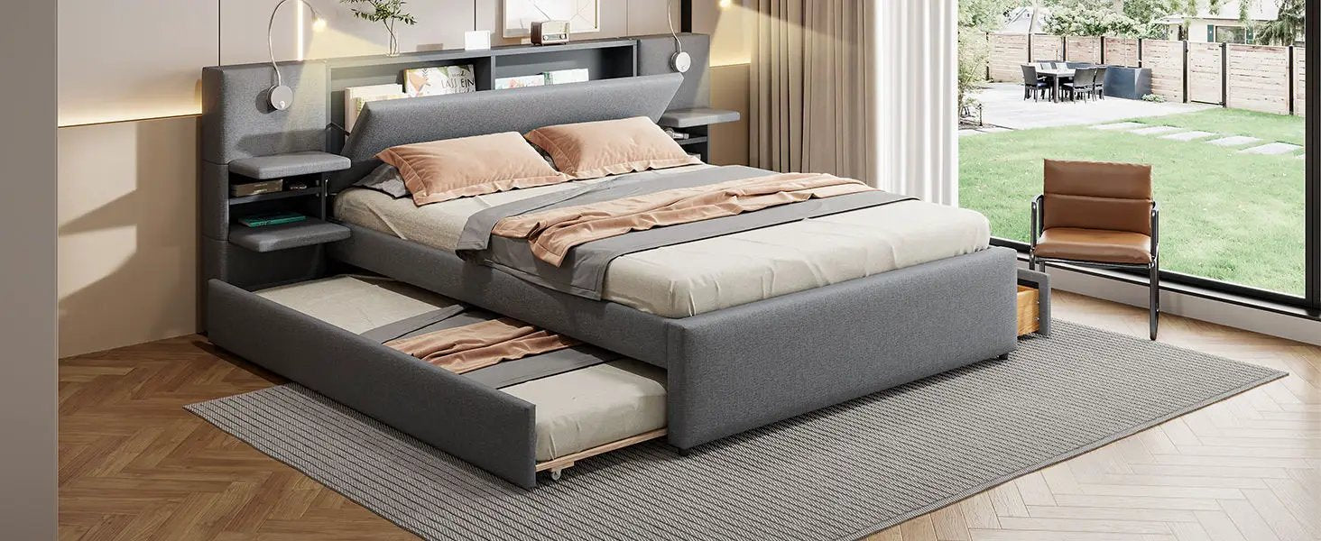 Upholstered Platform Bed With Reading Lights, Drawers, Trundle And Shelves by HouseOfZazla