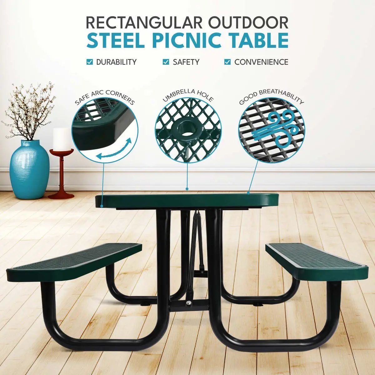 Outdoor Steel Picnic Rectangular Table With Umbrella Pole by Unique Piece Furniture