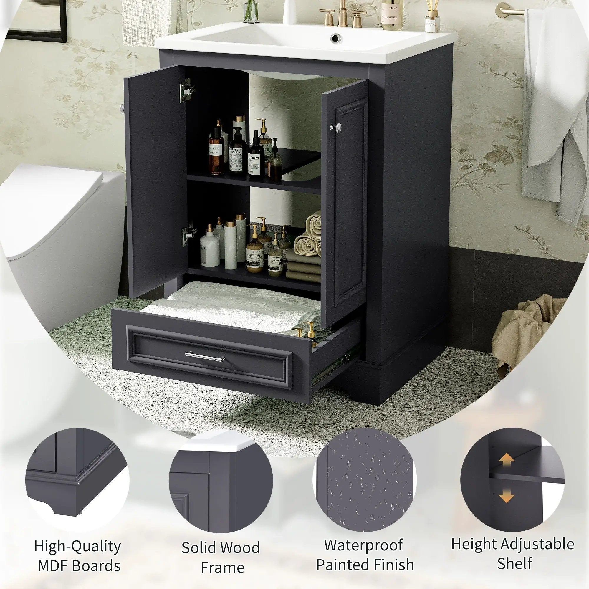 Bathroom Vanity With Ceramic Sink Combo, Modern Freestanding Storage Cabinet With Silver Handles