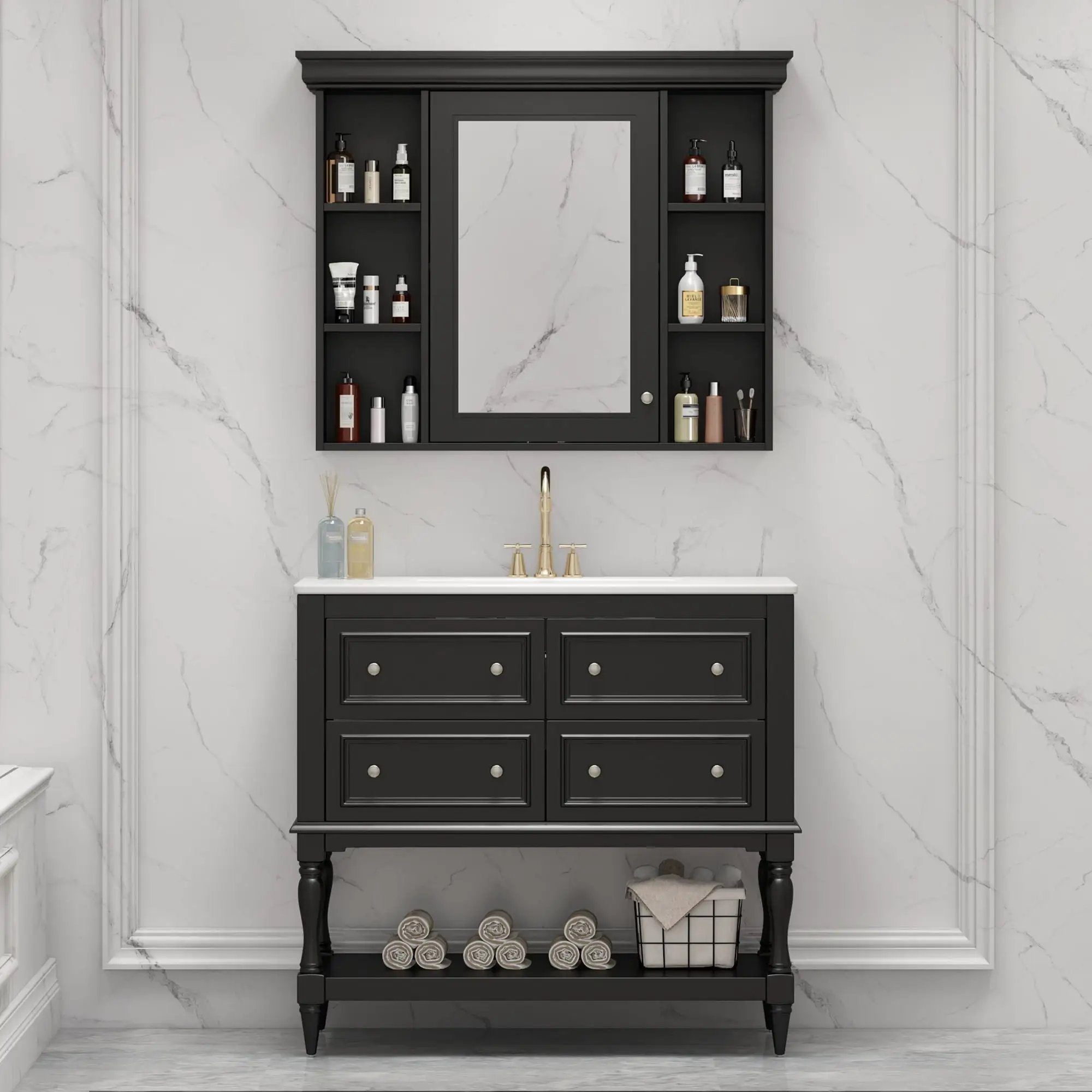 Bathroom Vanity With Medicine Cabinet, Storage Cabinet With 4 Drawers, Adjustable Shelf Mirror by Unique Piece Furniture