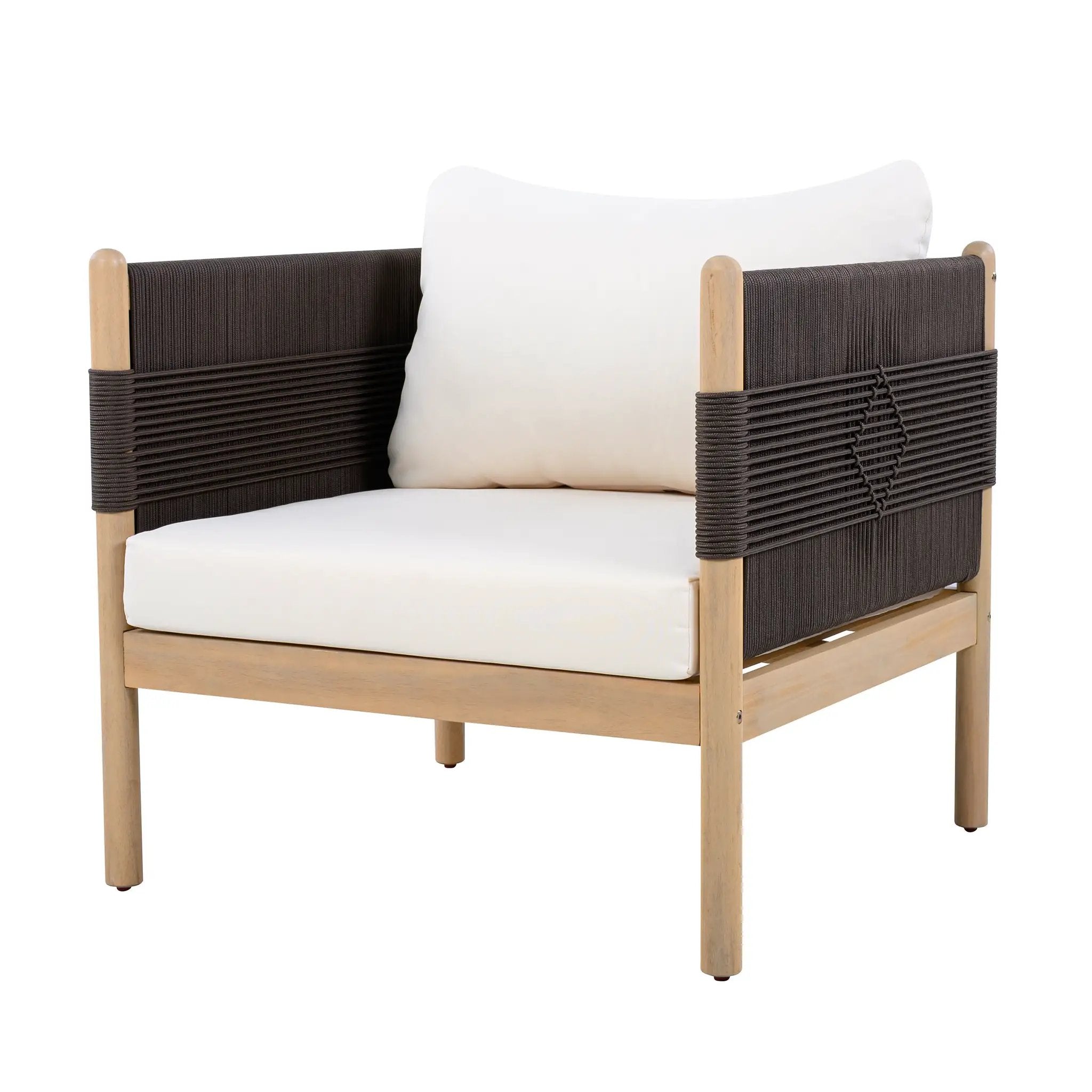 Outdoor Acacia Club Chairs (Set of 2) with Diamond-Pattern Black Rope, Light Teak Finish by HouseOfZazla