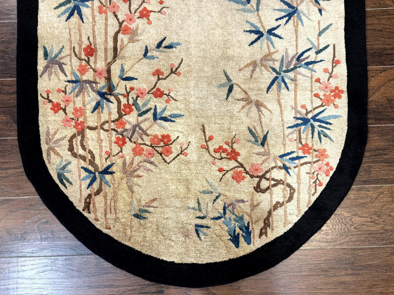 Antique Chinese Oval Rug 3.9 x 6.7, Floral, Butterflies, Chinese Wool Art Deco Peking Carpet, Beige, Handmade by Jewel Rugs