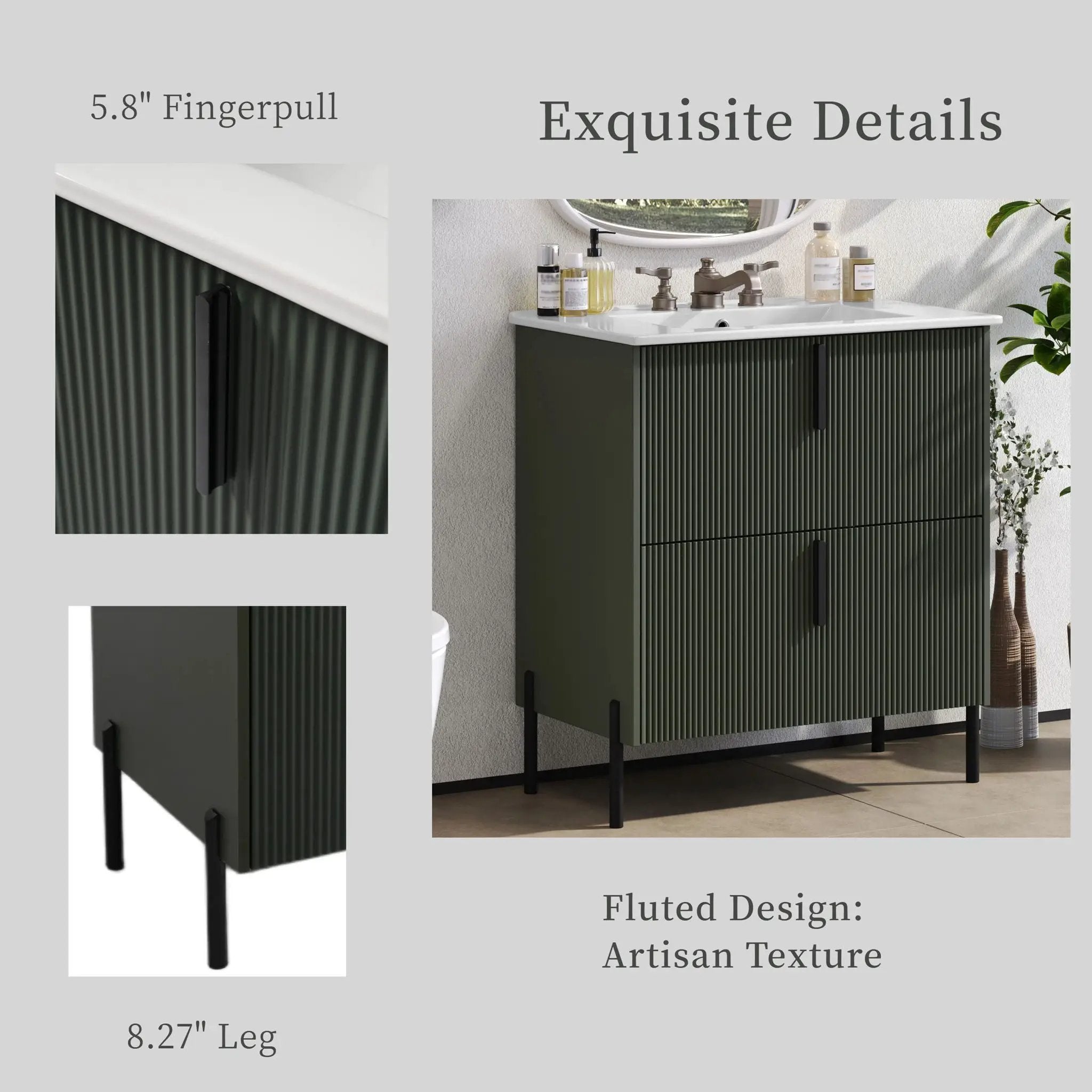 Bathroom Vanity With Ceramic Sink, Fluted Design by HouseOfZazla