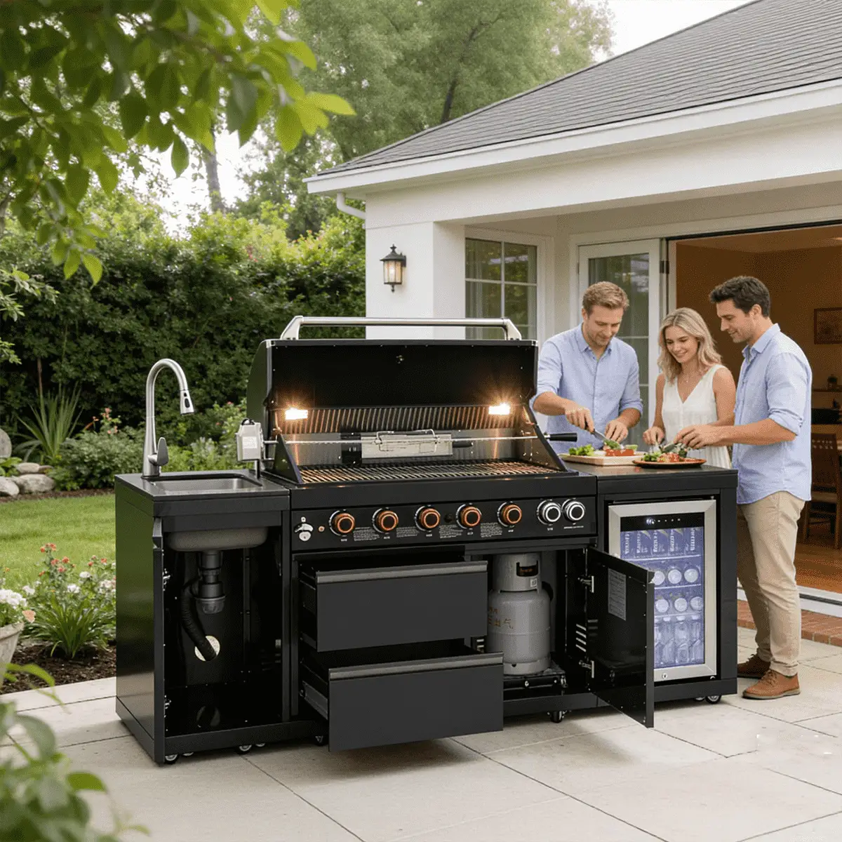 82.5" 6-Burner 83,500 BTU Black Outdoor Kitchen Island Grill Sink + Refrigerator by Chery Industrial