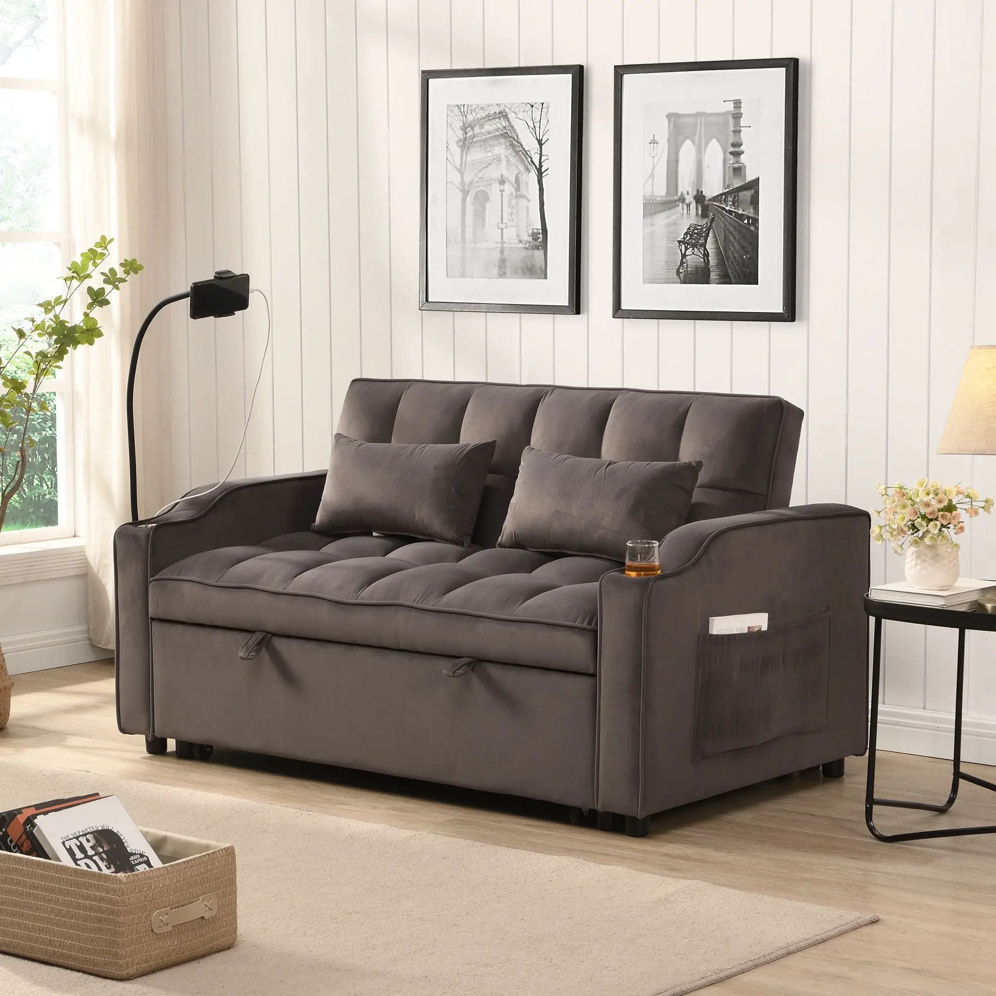 Modern Loveseat Futon Sofa With Pullout Bed, Adjustable Reclining Backrest, Toss Pillows by Unique Piece Furniture