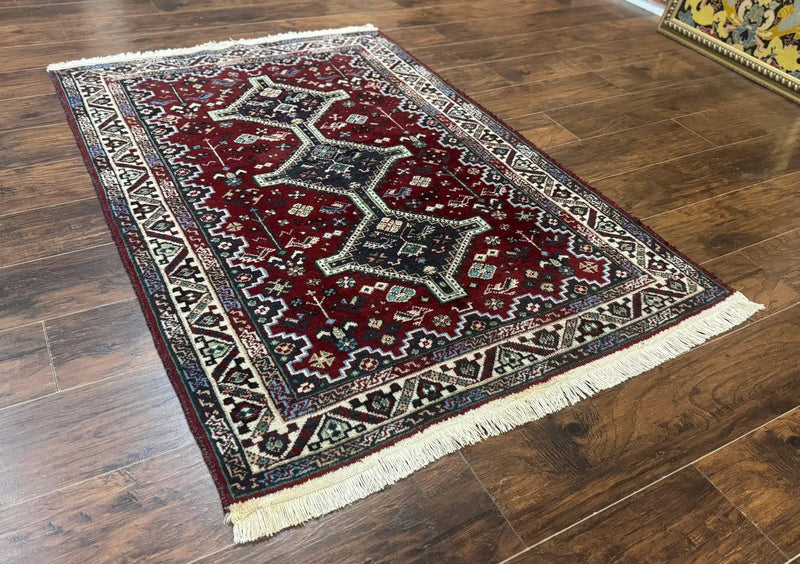 Persian Afshar Rug 4x5 Red Navy Geometric Tribal Wool Carpet by Jewel Rugs