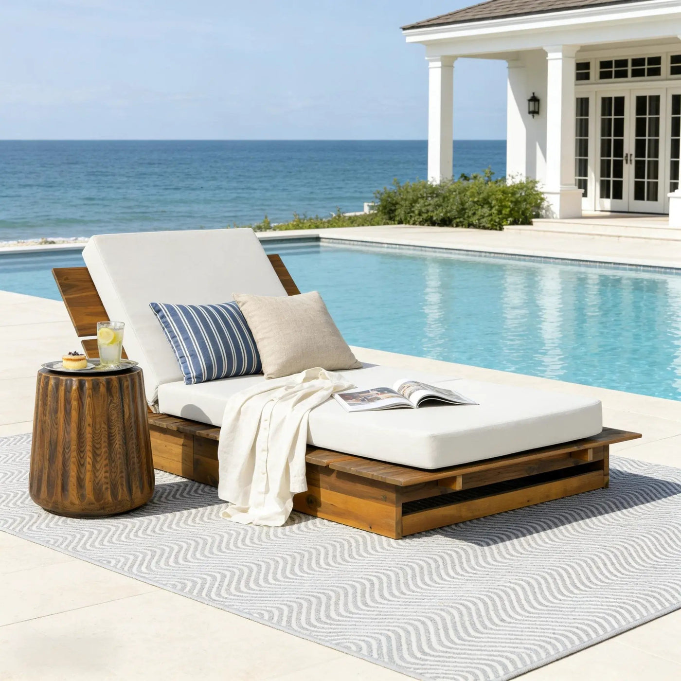 Acacia Wood Chaise Lounge with 4" Thick 3-Fold by HouseOfZazla