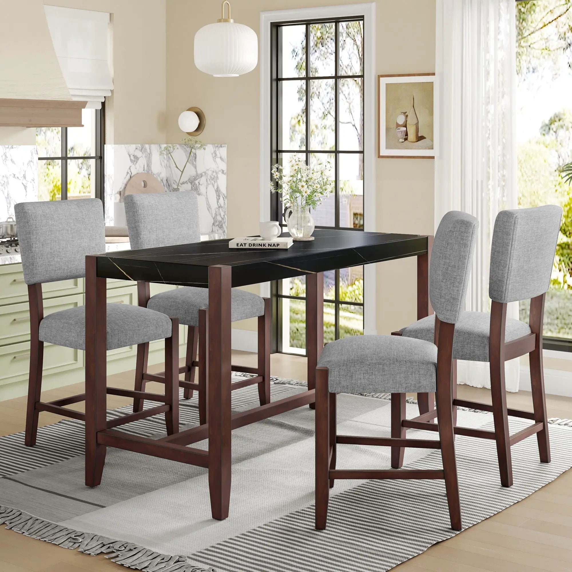 5 Piece Counter Height Dining Set, Bar Table With 4 Upholstered Chairs by HouseOfZazla