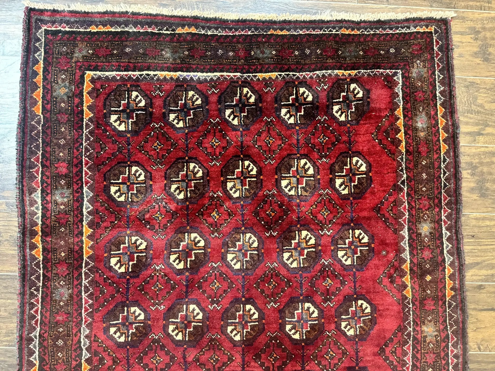Persian Turkoman Tribal Rug 4x8, Handmade Vintage Wool Carpet, Red, Bohemian Rug by Jewel Rugs