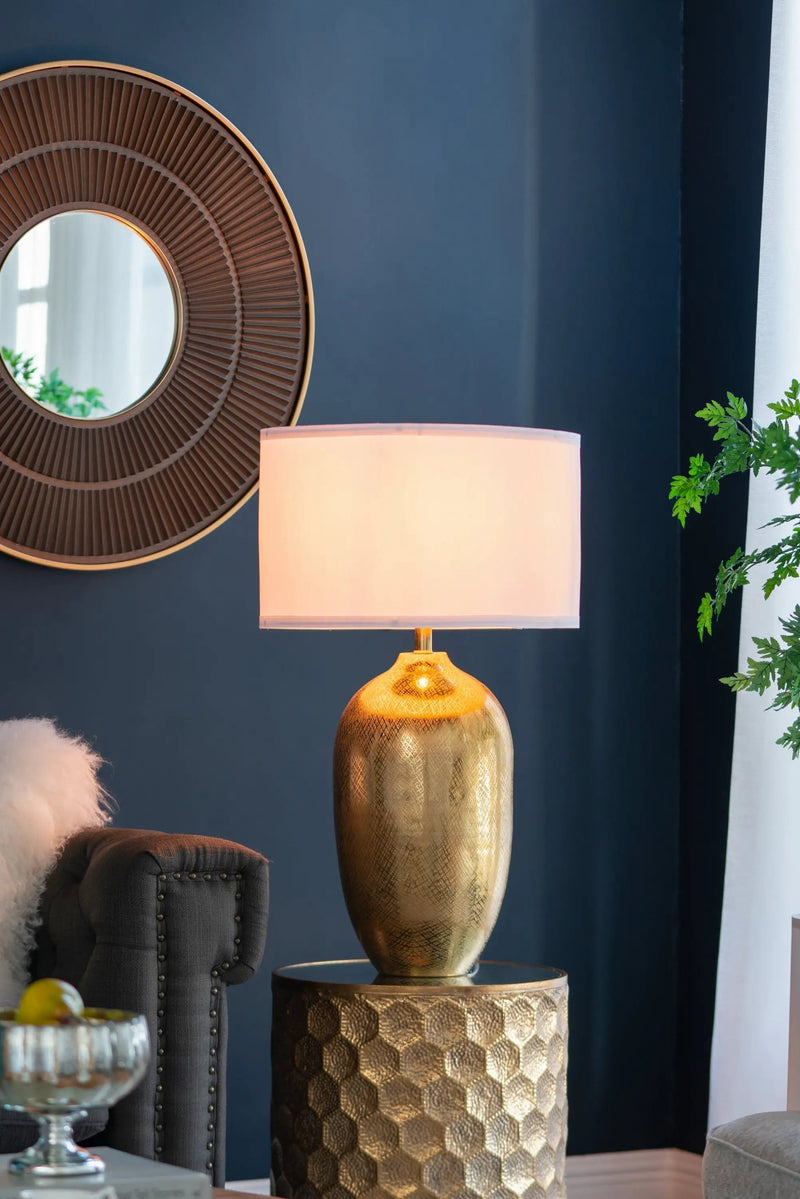 D18x31" Round Aluminum Sheet Gold Table Lamp with White Fabric Shade by HouseOfZazla