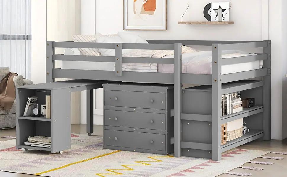 Loft Low Study Bed With Cabinet, Shelves And Rolling Portable Desk, Multiple Functions by HouseOfZazla
