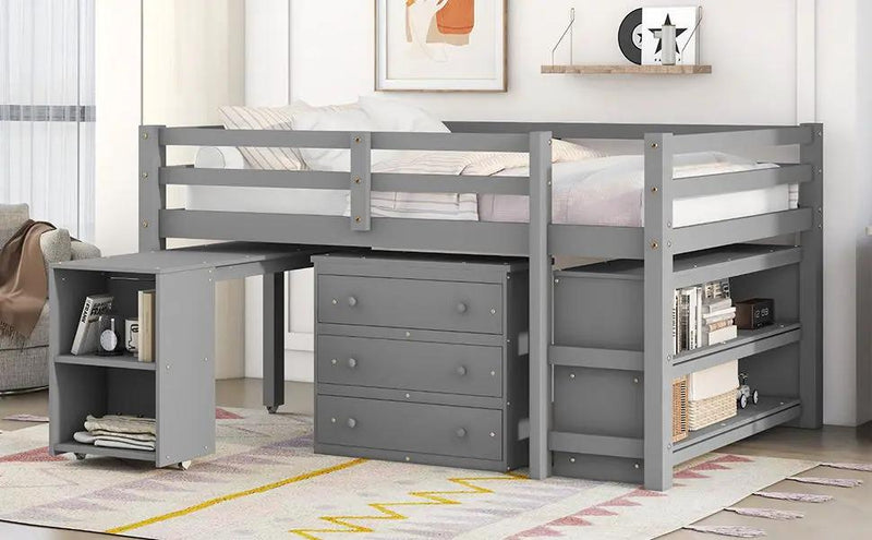 Loft Low Study Bed With Cabinet, Shelves And Rolling Portable Desk, Multiple Functions by HouseOfZazla