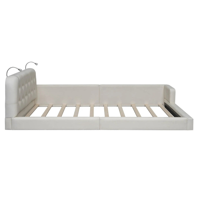 Queen Size Upholstered Platform Bed With 2 Reading Lights - White by HouseOfZazla