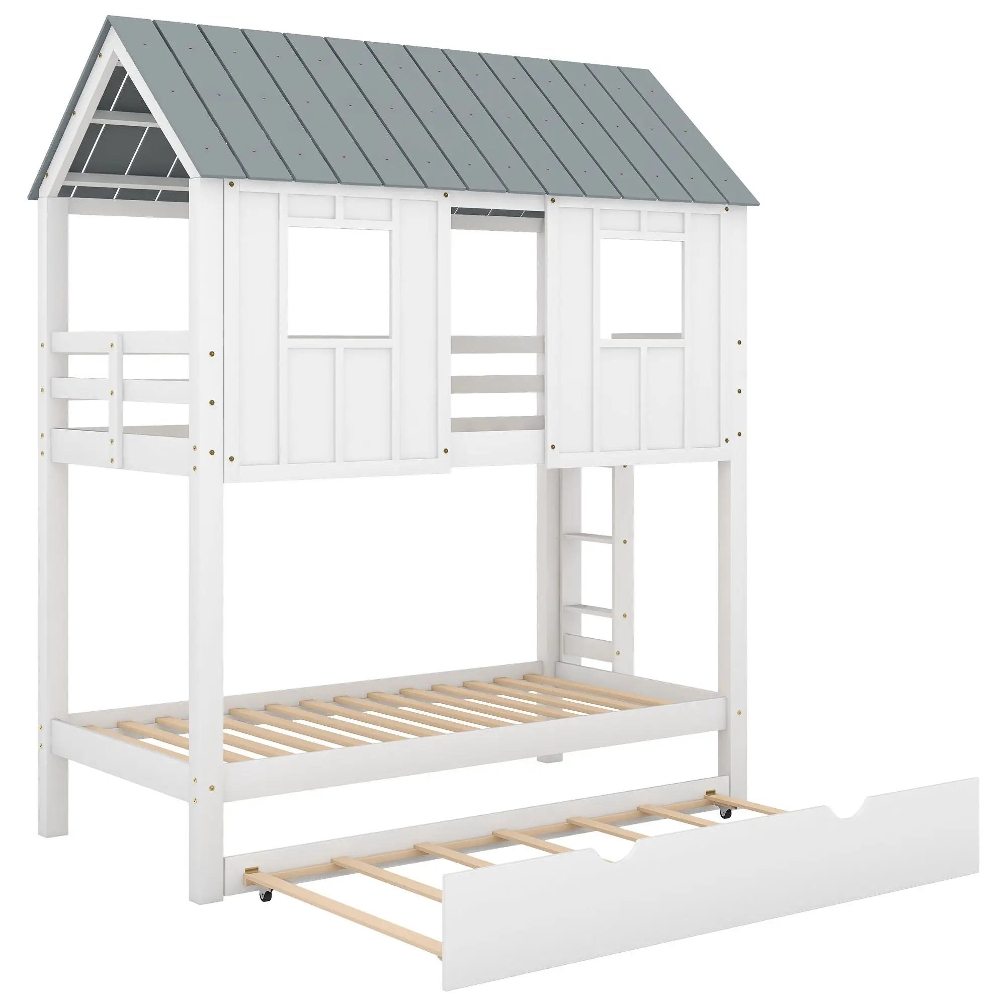 Twin Size House Bunk Bed With Trundle, Roof And Windows - White / Gray by Unique Piece Furniture