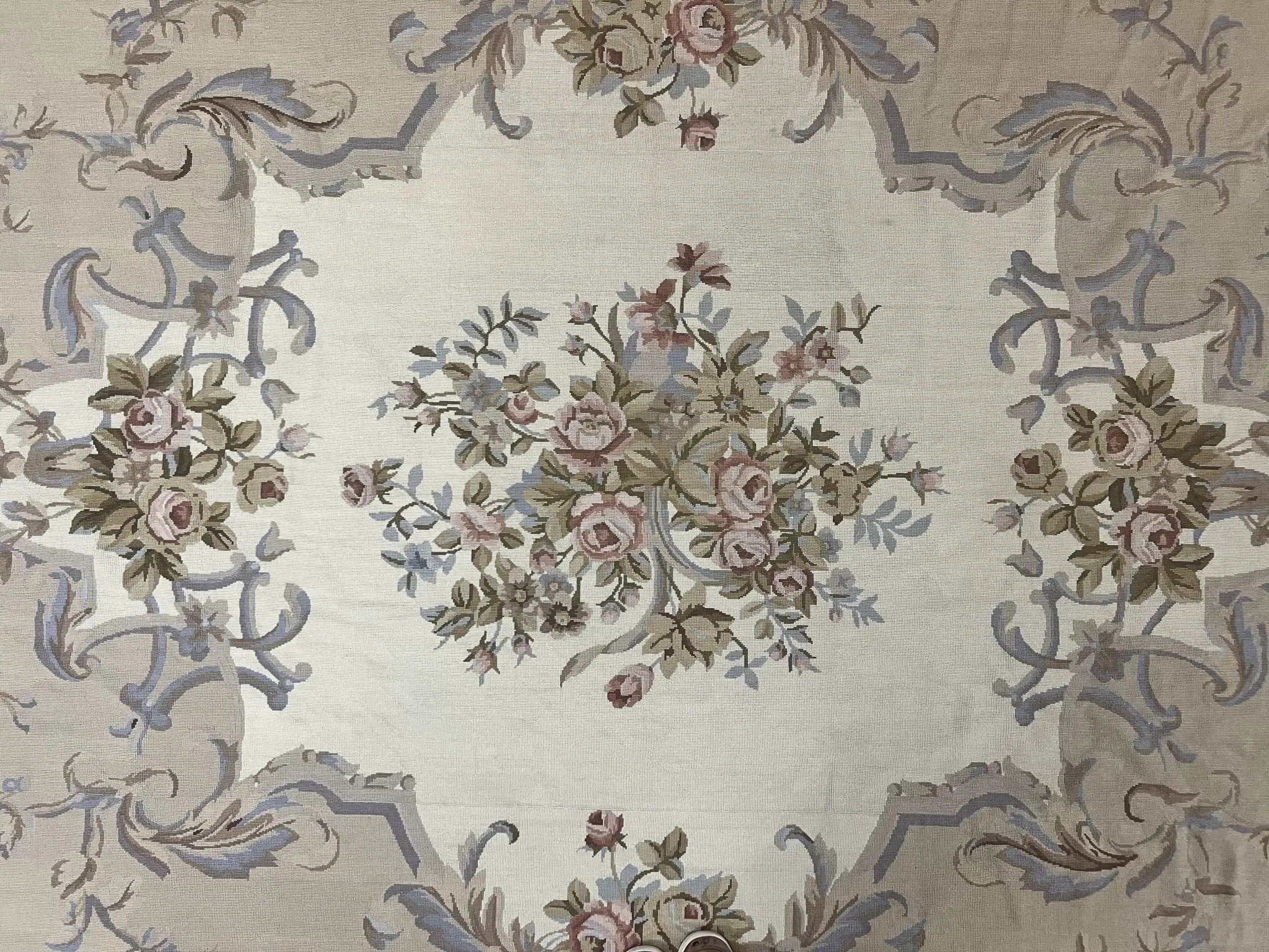 Aubusson Needlepoint Rug 9x12, VIntage Handmade Wool Beige Floral European Elegant Rug 9 x 12, Floral Roses by Jewel Rugs