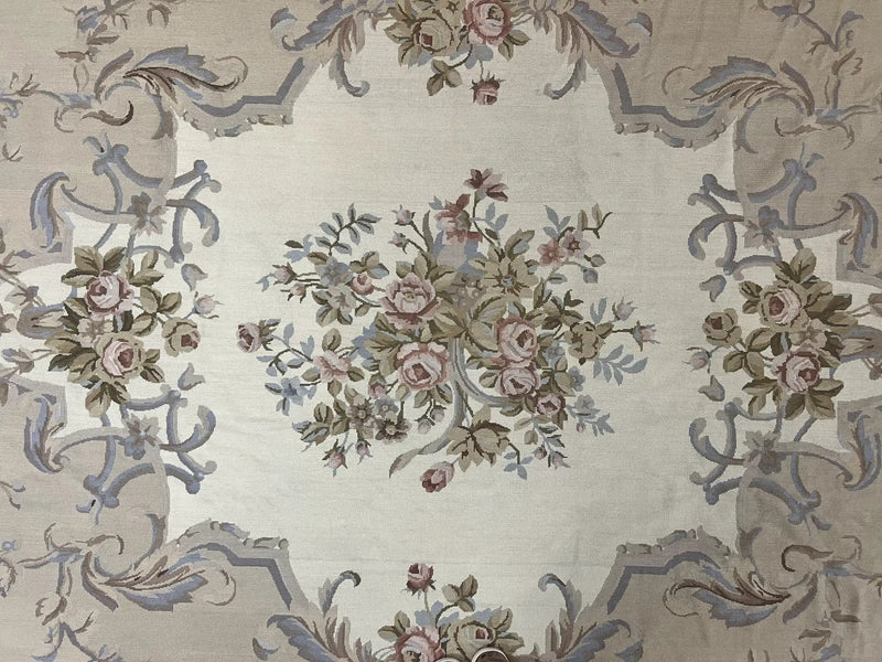 Aubusson Needlepoint Rug 9x12, VIntage Handmade Wool Beige Floral European Elegant Rug 9 x 12, Floral Roses by Jewel Rugs