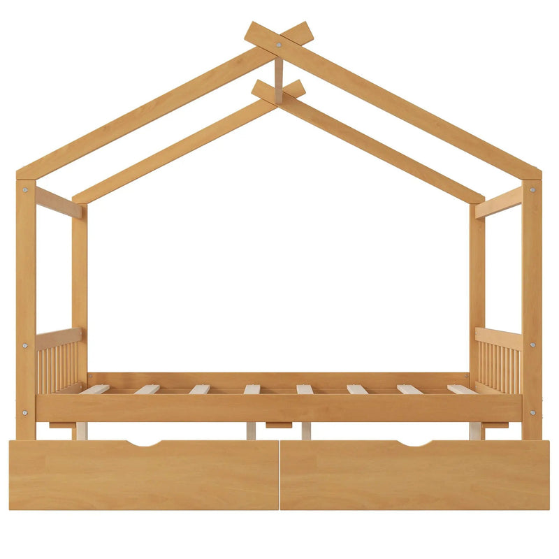 House Style Platform Bed With Headboard, Footboard, 2 Drawers, And Roof Design by HouseOfZazla