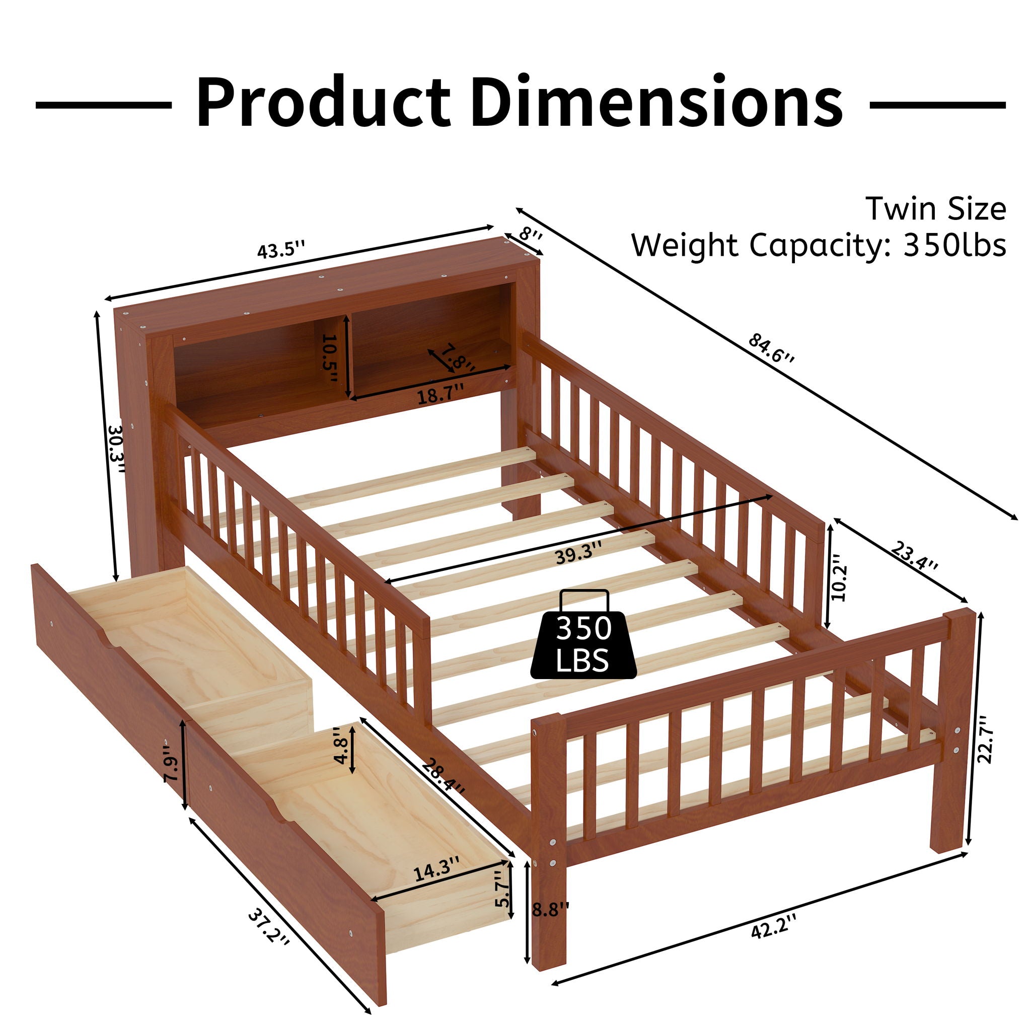 Bed With Headboard Storage Rack, 2 Under Bed Drawers, 3 Side Guardrails For Safety by HouseOfZazla