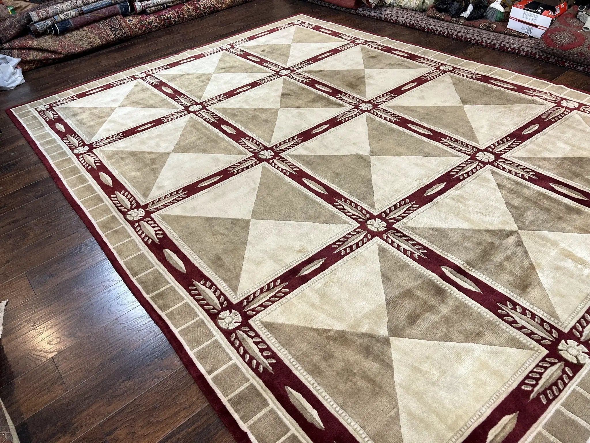 Indo Tibetan Rug 10x14, Nepali Carpet, Large Soft Wool Area Rug, Olive Tan Maroon, Contemporary Rug 10 x 14 ft Living Room Rug, Handmade Rug by Jewel Rugs