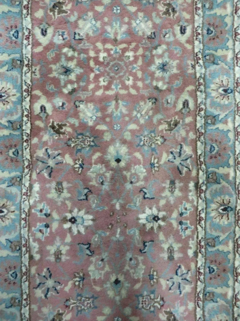 Indo Persian Runner Rug 2.8 x 12, Wool Hand Knotted, Pink and Light Blue by Jewel Rugs
